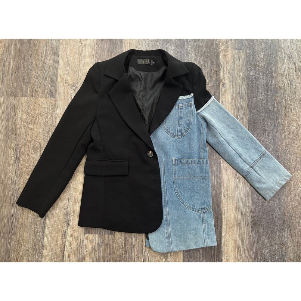 JIEAN Women Black Blue Denim Mixed Media Split Blazer Jacket Distressed Size M